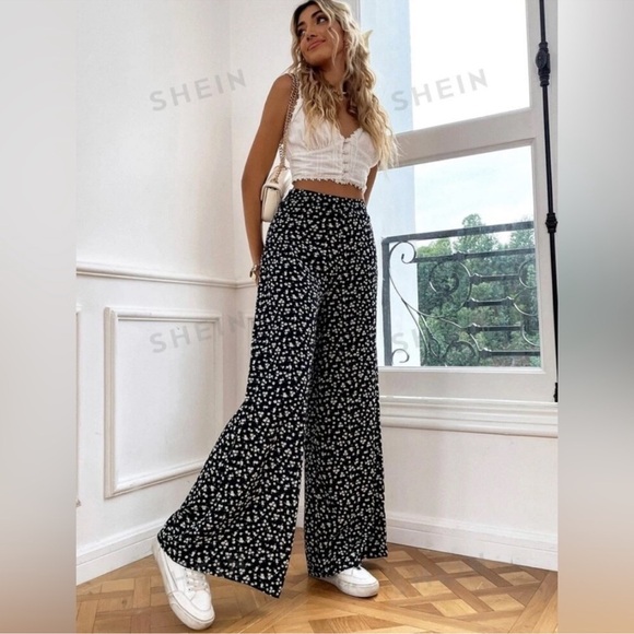 SHEIN Pants - Ditsy Floral Wide Leg Pants Women's Black Side Zip Daisy Print Boho